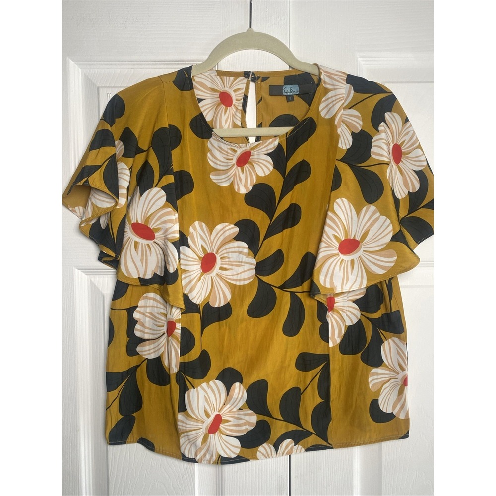 Eva Franco Floral Flutter Sleeve Top Womens Size 8 Mustard Mod Ruffle Blouse